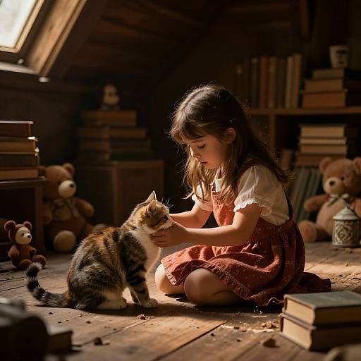 Little Girl Playing with Cat in Vintage Attic