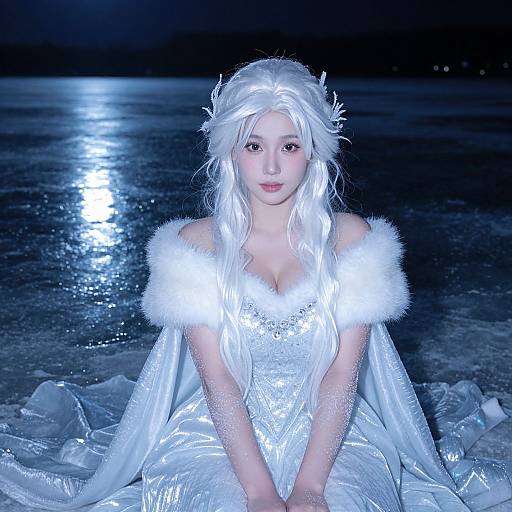 Photograph of a young woman with long white hair and pale skin, dressed in a shimmering white gown with fur trim, kneeling on a reflective,