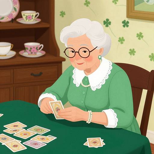 Vintage Elderly Woman Playing Cards