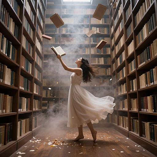Photograph of a woman in a flowing white dress, reaching for flying books in a misty, narrow library aisle.
