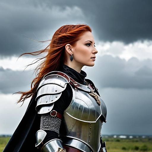 Red-haired Female Knight in Armor with Stormy Sky