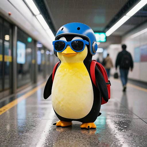 Cinematic Noir Penguin in Futuristic Subway