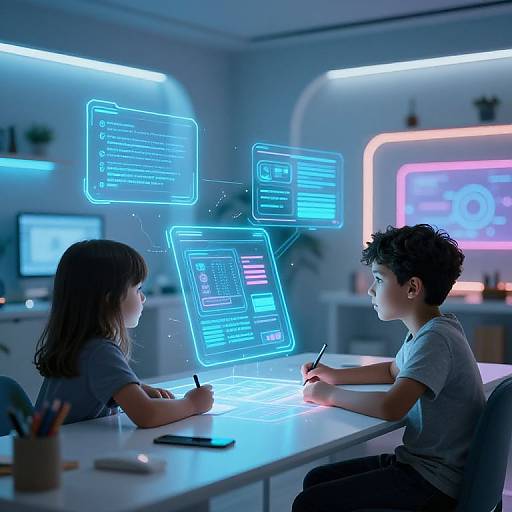 Photograph of two young children with curly and straight brown hair, sitting at a glowing blue neon-lit table, creating digital interfaces with holographic screens