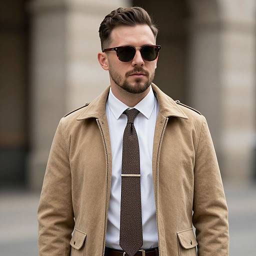 Photograph of a handsome bearded man with dark sunglasses, wearing a beige jacket, white shirt, and patterned tie, standing confidently in an urban