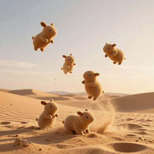 Photograph of six adorable, plush, tan hamster toys jumping in a sunlit, sandy desert with rippled dunes and clear sky.