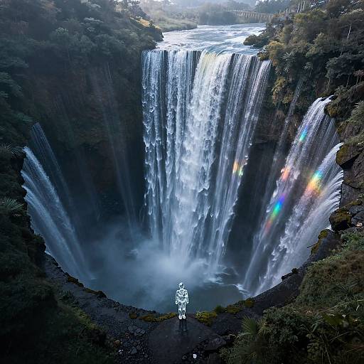 Photograph of a powerful waterfall cascading into a deep, misty gorge, with vibrant rainbow refractions on the right and a tiny, white