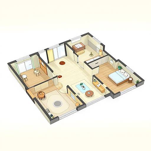 Isometric digital illustration of a small, furnished apartment with a bedroom, living area, bathroom, and kitchen, featuring wooden floors and colorful furniture.