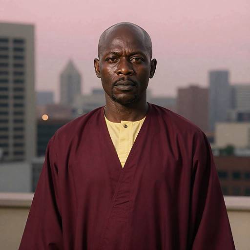 African American Man in Maroon Robe with Cityscape