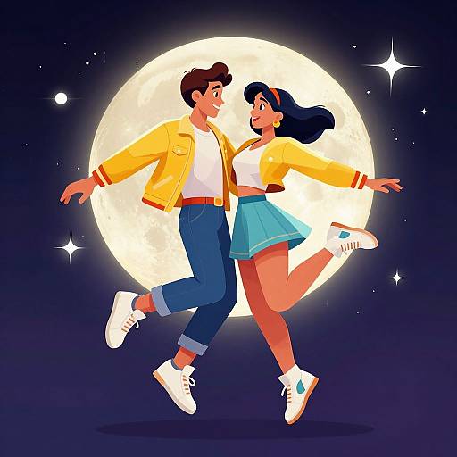Illustration: Joyful couple dancing under a full moon, wearing yellow jackets, white shirts, blue skirts, and white sneakers, against a starry
