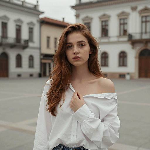 Photograph of a serious-looking young woman with long brown hair, wearing an off-shoulder white shirt, standing in a historic, cobblestone