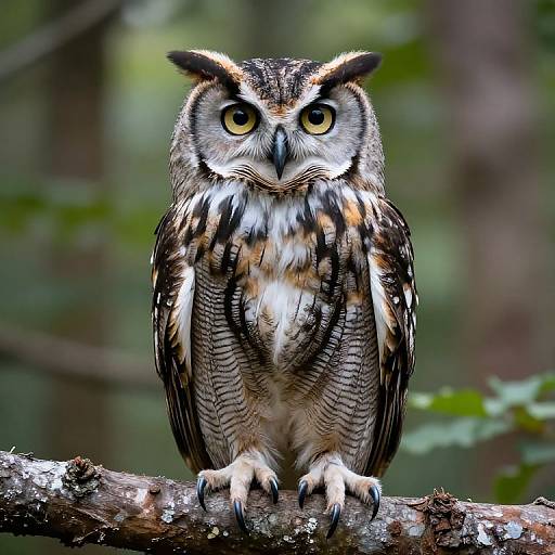 Photograph of a detailed, vibrant brown and white barred owl with large yellow eyes perched on a moss-covered tree branch in a blurred forest background.