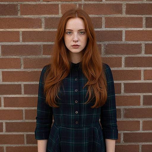 Photograph of a fair-skinned, red-haired woman with freckles, wearing a black plaid dress, standing against a red brick wall.