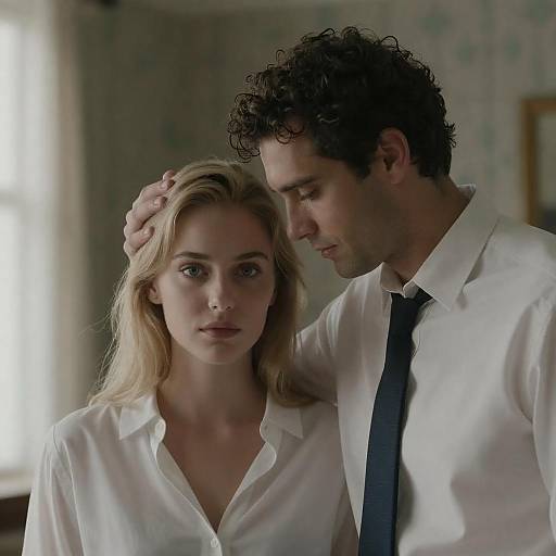 Photograph of a serious-looking blonde woman with blue eyes, wearing an unbuttoned white shirt, standing close to a dark-haired man in a white