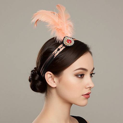 Photograph of a fair-skinned woman with dark hair in an elegant updo, wearing a vintage headband with a pink feather and pearl embellishment