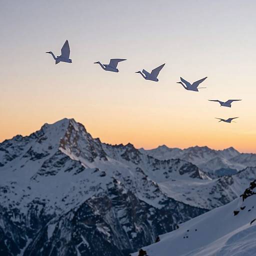 Photograph of a sunset over snow-covered mountain peaks with a flock of silhouetted birds flying in formation across a gradient sky.
