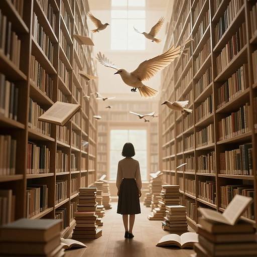 Photograph-like digital art of a woman in a library, back view, surrounded by flying birds, bookshelves on both sides, and scattered open