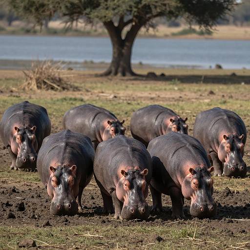 Group of Hippos Grazing in Nature
