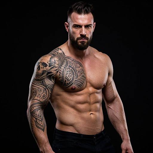 Photograph of a muscular, shirtless man with dark hair and beard, featuring intricate black tribal tattoos on his right arm and chest, standing against a