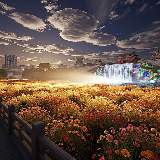 Photograph of a vibrant sunset over a field of orange and yellow flowers, with a illuminated waterfall and city skyline in the background. Dramatic clouds add