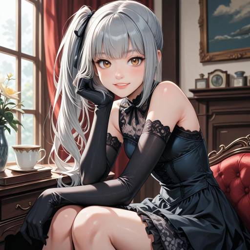 Cute Grey-Haired Girl in Gloves