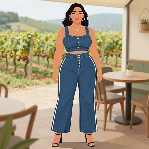 Digital illustration of a curvy woman with olive skin, black hair, wearing a blue denim crop top and high-waisted pants, standing in a