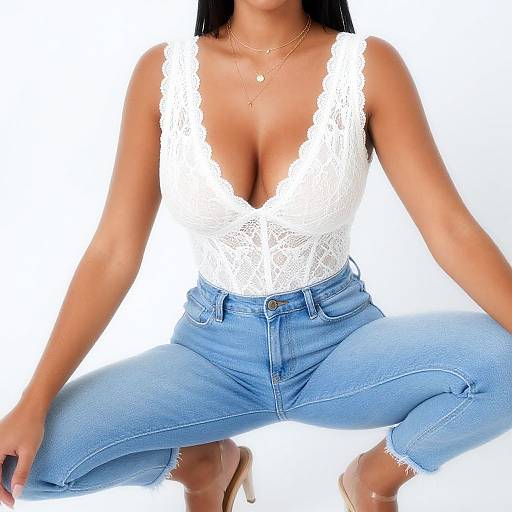 Photograph of a woman with tan skin, black hair, wearing a deep V-neck white lace top, blue high-waisted jeans, and nude