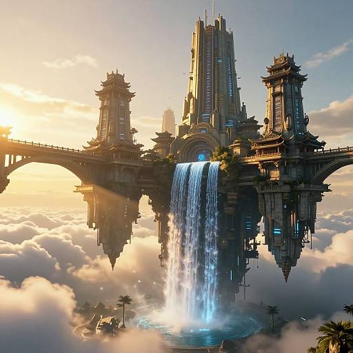 Digital artwork of a futuristic city with towering, ornate buildings, a large waterfall, and a bridge, set amidst fluffy clouds at sunset.