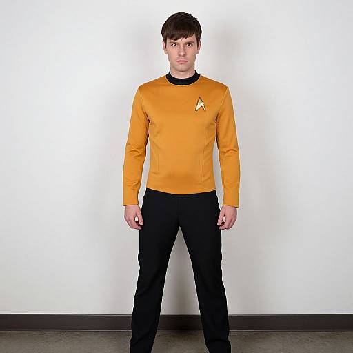 Photograph of a young man with short brown hair, standing against a white wall, wearing a yellow Star Trek long-sleeve shirt and black pants