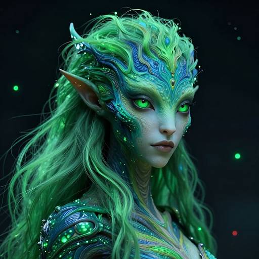 Digital art of a glowing, green-eyed, elven woman with intricate, neon-blue and green hair, pointed ears, and bioluminescent armor