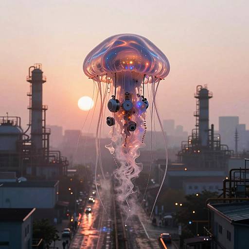 Giant Mechanical Jellyfish at Dawn