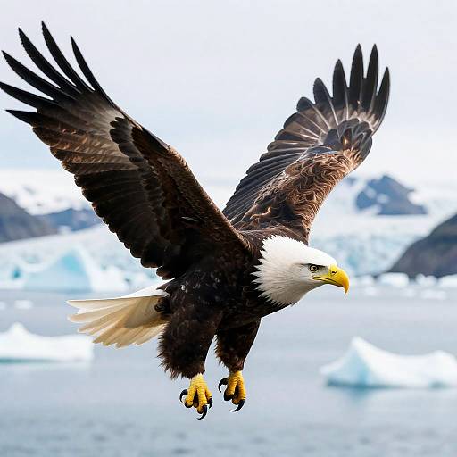 Bald Eagle Soaring Over Glacial Fjord
