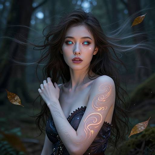Digital artwork of a pale, ethereal woman with glowing blue eyes, long dark hair, intricate glowing arm tattoos, black lace dress, in a dark