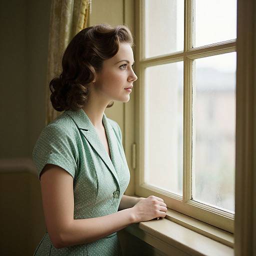 1940s Woman in Green Dress Gazing