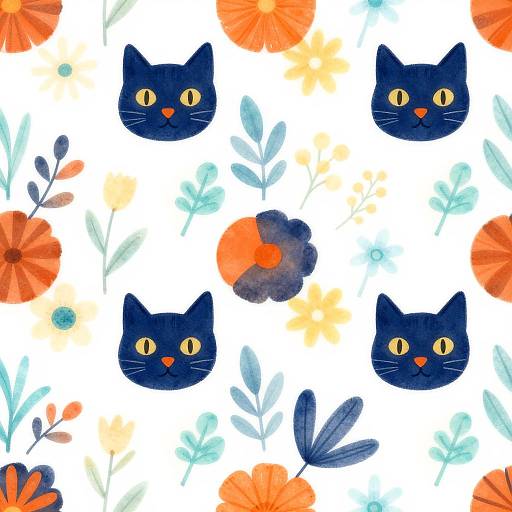 Whimsical watercolor pattern featuring dark blue cat faces with yellow eyes and small red noses, surrounded by orange and blue flowers, and light blue leaves