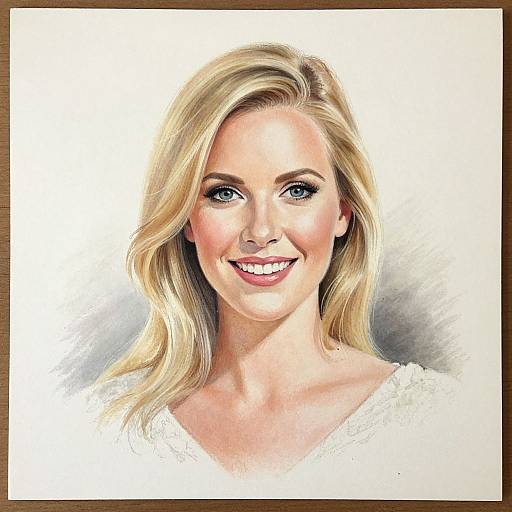 Digital portrait of a smiling blonde woman with blue eyes, fair skin, and wavy hair, wearing a white top, against a white background.