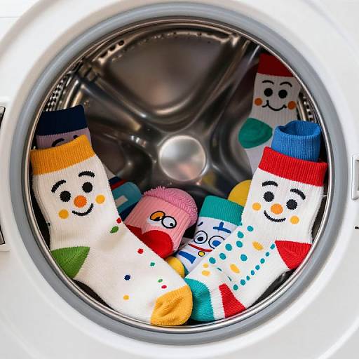 Photograph of colorful, cartoon snowman-patterned socks and a pink pom-pom ball in a silver washing machine drum.