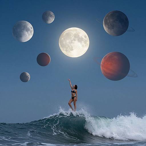 Photograph-style digital artwork: A woman in a black bikini leaps from a blue ocean wave, surrounded by seven planets, including Earth and Jupiter, against