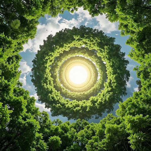 Photograph of a bright sun seen through a circular pattern of dense, green tree canopies against a blue, partly cloudy sky.