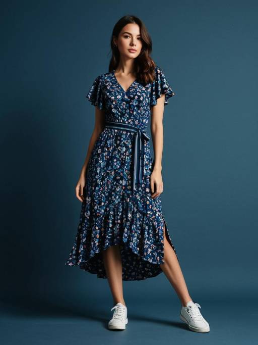 Woman in Floral Print Midi Dress and White Sneakers