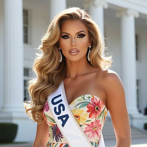 Photograph of a beautiful, long-haired woman with wavy blonde hair, wearing a floral strapless dress and a 