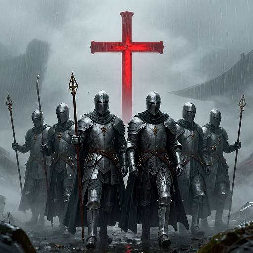 Photograph-like digital art of five armored knights with helmets, standing in rain, holding spears, behind a glowing red cross.