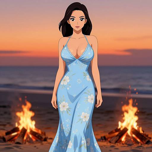 Digital anime-style drawing of a curvy woman with black hair in a blue floral sundress, standing on a beach at sunset with two campfires in