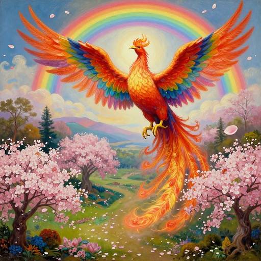 Digital painting of a vibrant, rainbow-feathered phoenix soaring above a cherry blossom-filled meadow with a radiant rainbow in the sky.