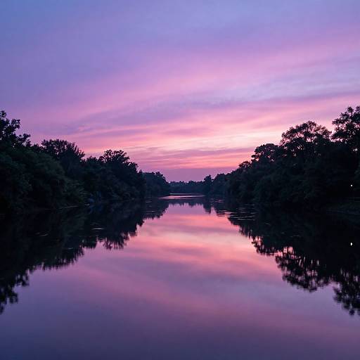 Photograph of a serene river at dusk, reflecting a vibrant pink and purple sunset sky, flanked by dark silhouetted trees.