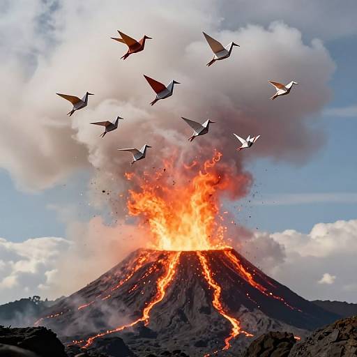 Photograph of an erupting volcano with bright orange lava and thick smoke, surrounded by flying birds against a blue sky.