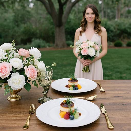 Photograph of a smiling woman in a white dress holding a pink and white bouquet, standing behind a wooden table with floral arrangements and gourmet dessert plates.