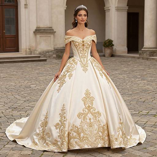 Photograph of a brunette woman in an off-shoulder, ivory, gold-embroidered ball gown, standing on a cobblestone courtyard