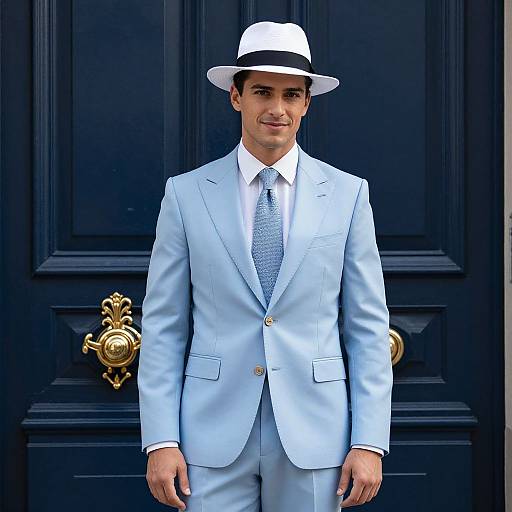Man in Light Blue Suit and White Fedora