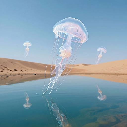 Photograph of three glowing white jellyfish floating above a calm, reflective blue water pool, set against a clear blue sky and sandy desert landscape.