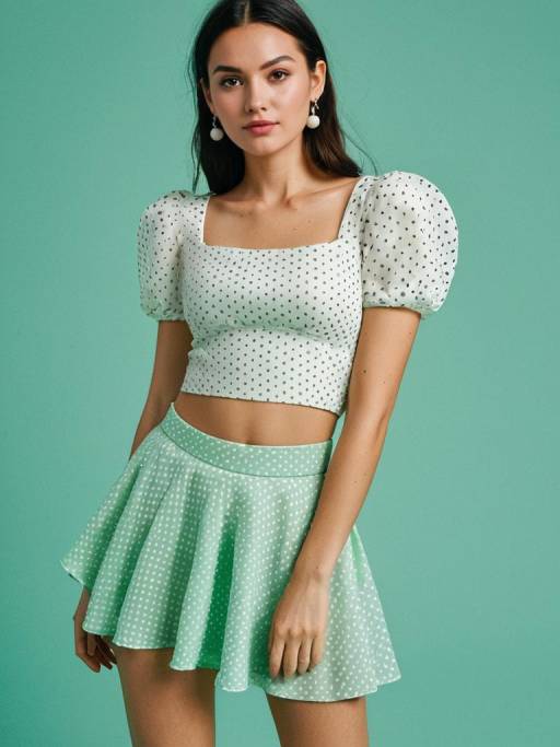 Woman in Polka Dot Crop Top and Mint Green Skirt